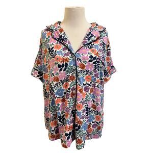 Kate Spade Pajama Top Short Sleeve Floral Pink & Blue Collared Button Up Size XL